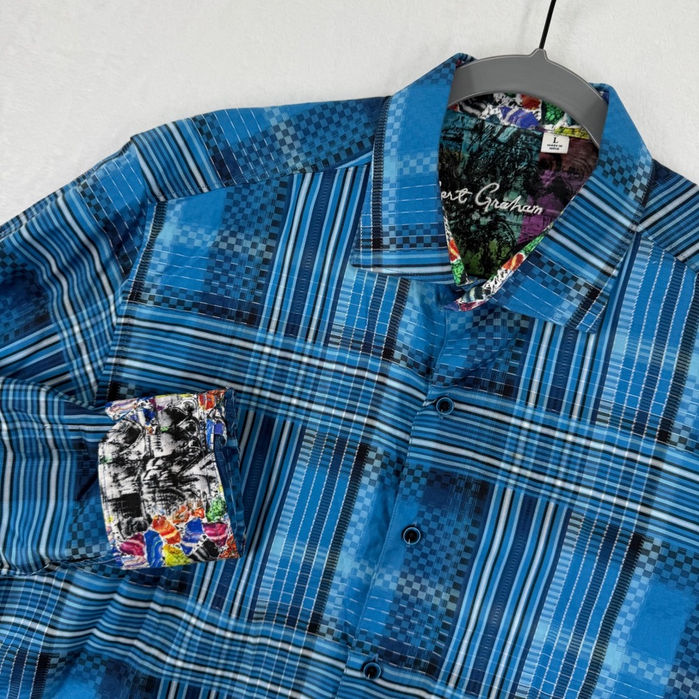 Robert Graham L Blue Plaid‎ Button Up Shirt Unique Print Long Sleeve Casual READ